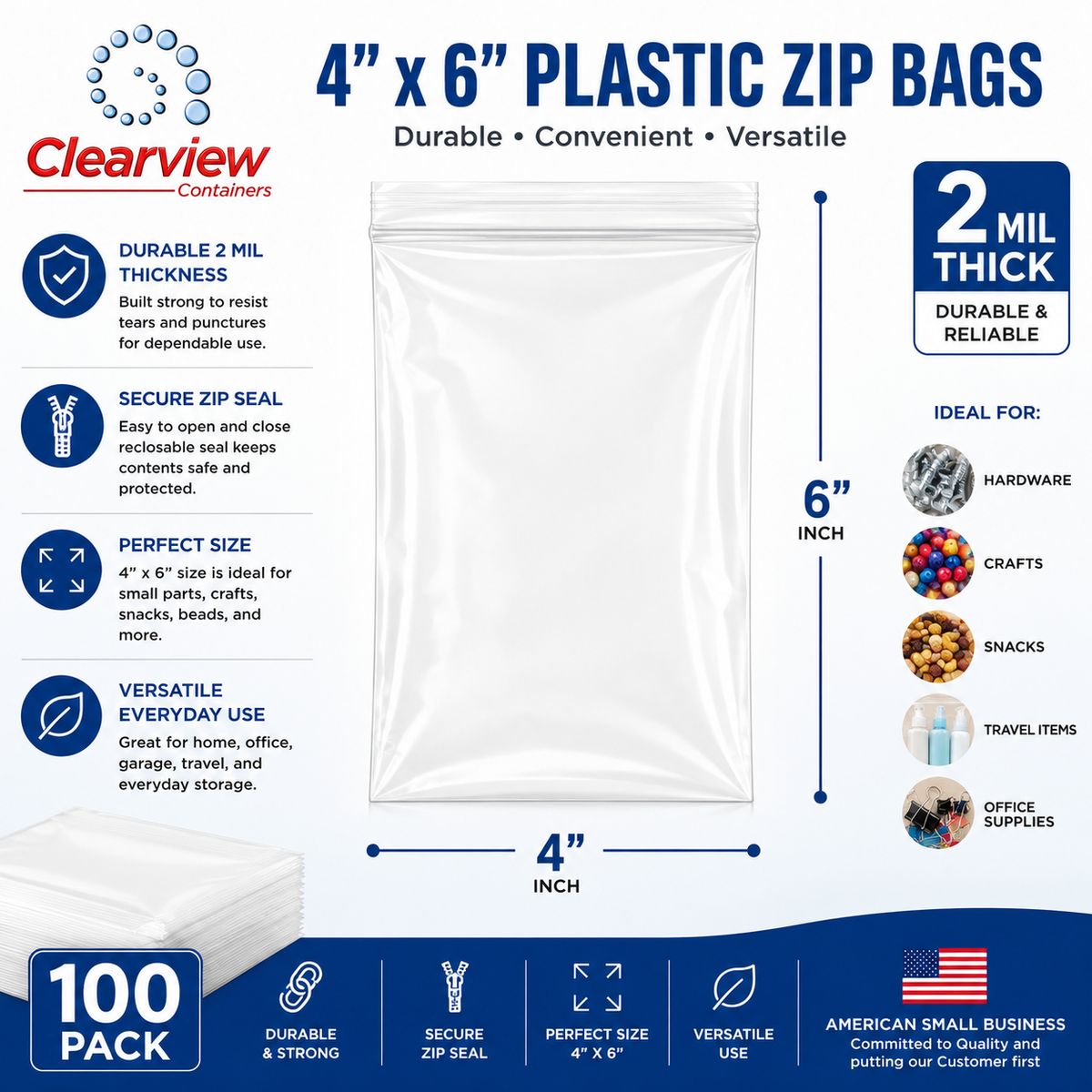 Clearview Containers - 100 Pack of 4" x 6" High Quality Recloseable Zip Bags
