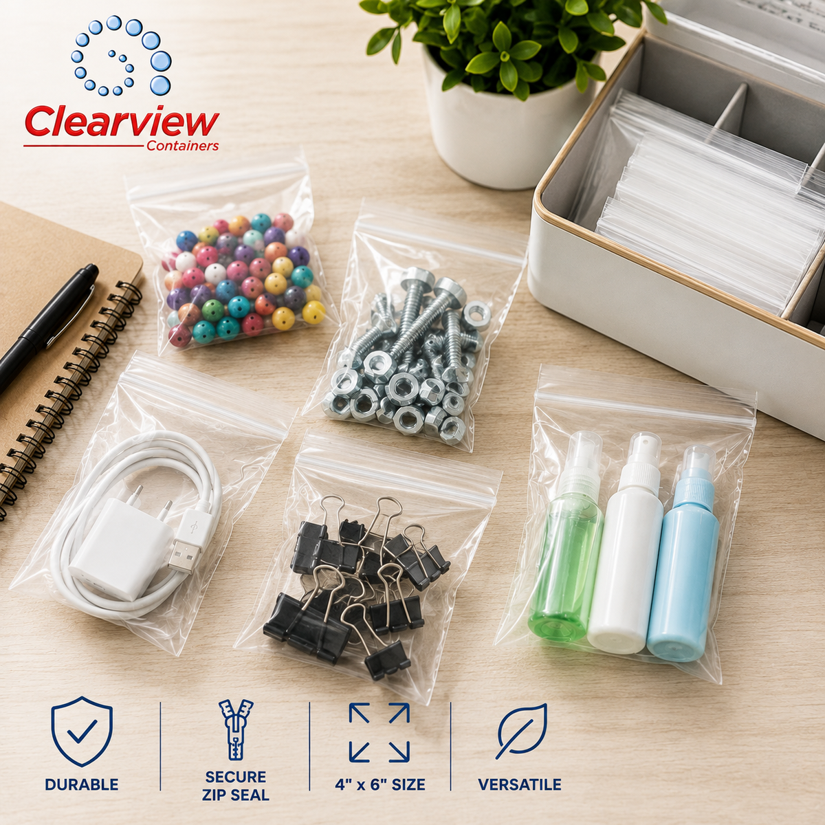Clearview Containers - 100 Pack of 4" x 6" High Quality Recloseable Zip Bags
