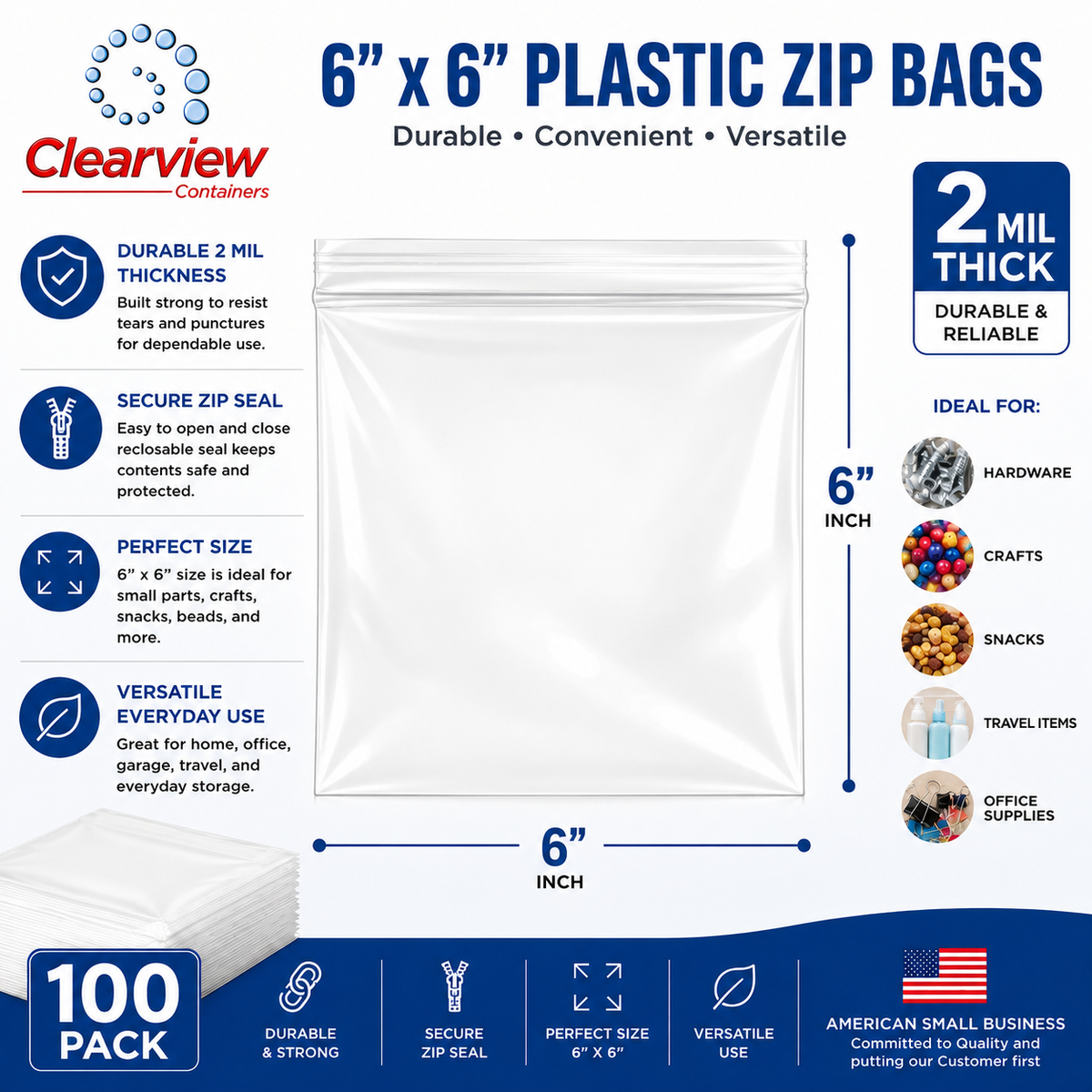 Clearview Containers – 100 Pack 6" x 6" Clear Reclosable Zip Bags, 2 MIL Thick Plastic Zipper Storage Bags for Small Parts, Hardware, Crafts, Beads, Jewelry & Organization