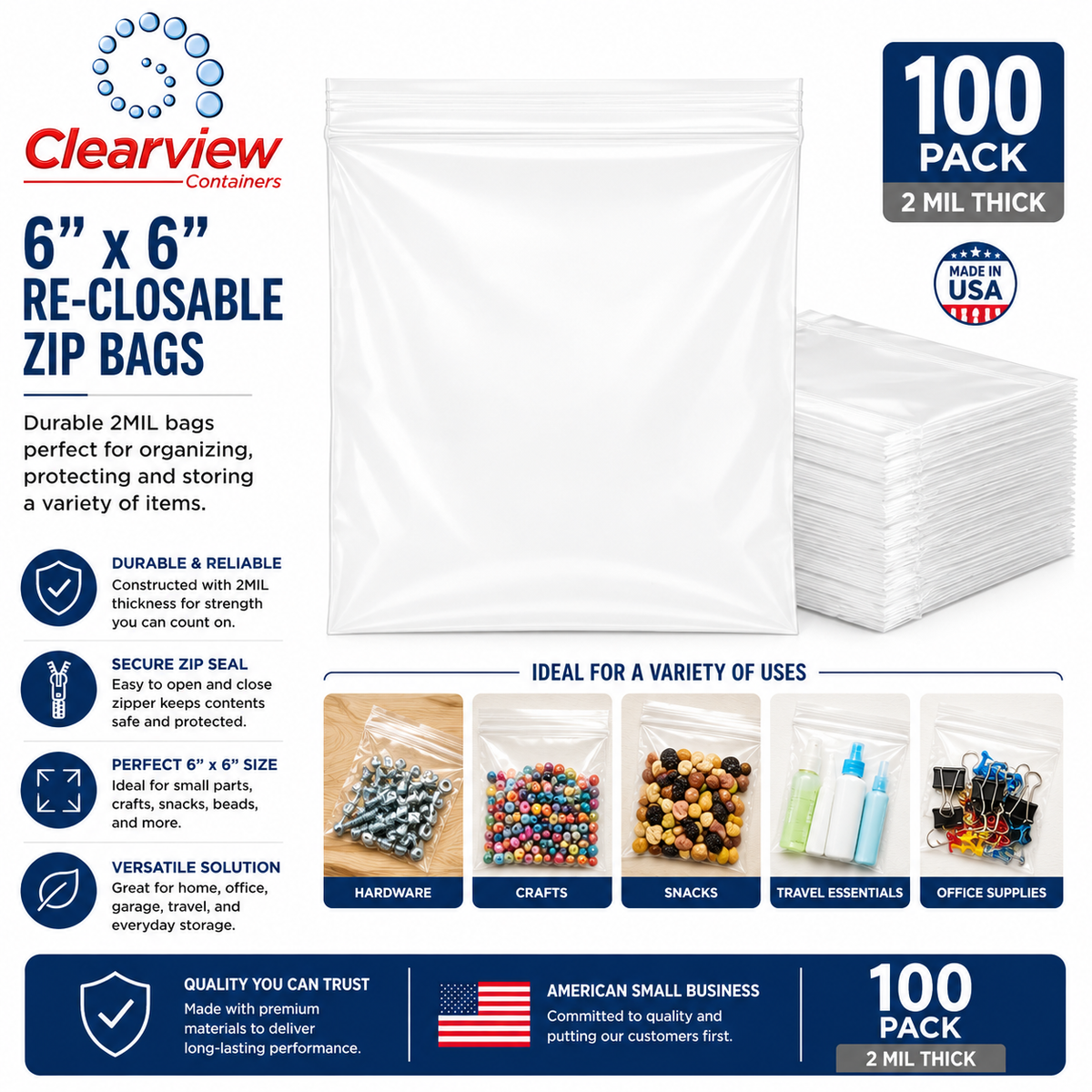 Clearview Containers – 100 Pack 6" x 6" Clear Reclosable Zip Bags, 2 MIL Thick Plastic Zipper Storage Bags for Small Parts, Hardware, Crafts, Beads, Jewelry & Organization