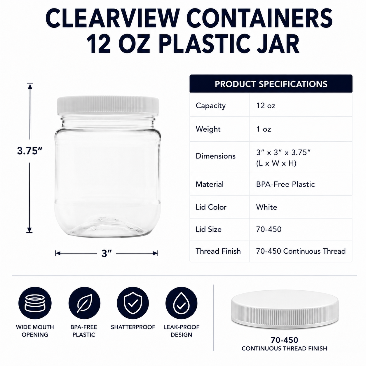 Clearview Containers: 48 Pack - 12 oz (1.5 Cup) Plastic Storage Jars with 70-450 Leak Proof White Lid, Food Grade, BPA Free, Hand Wash Only (12oz, 48pk)
