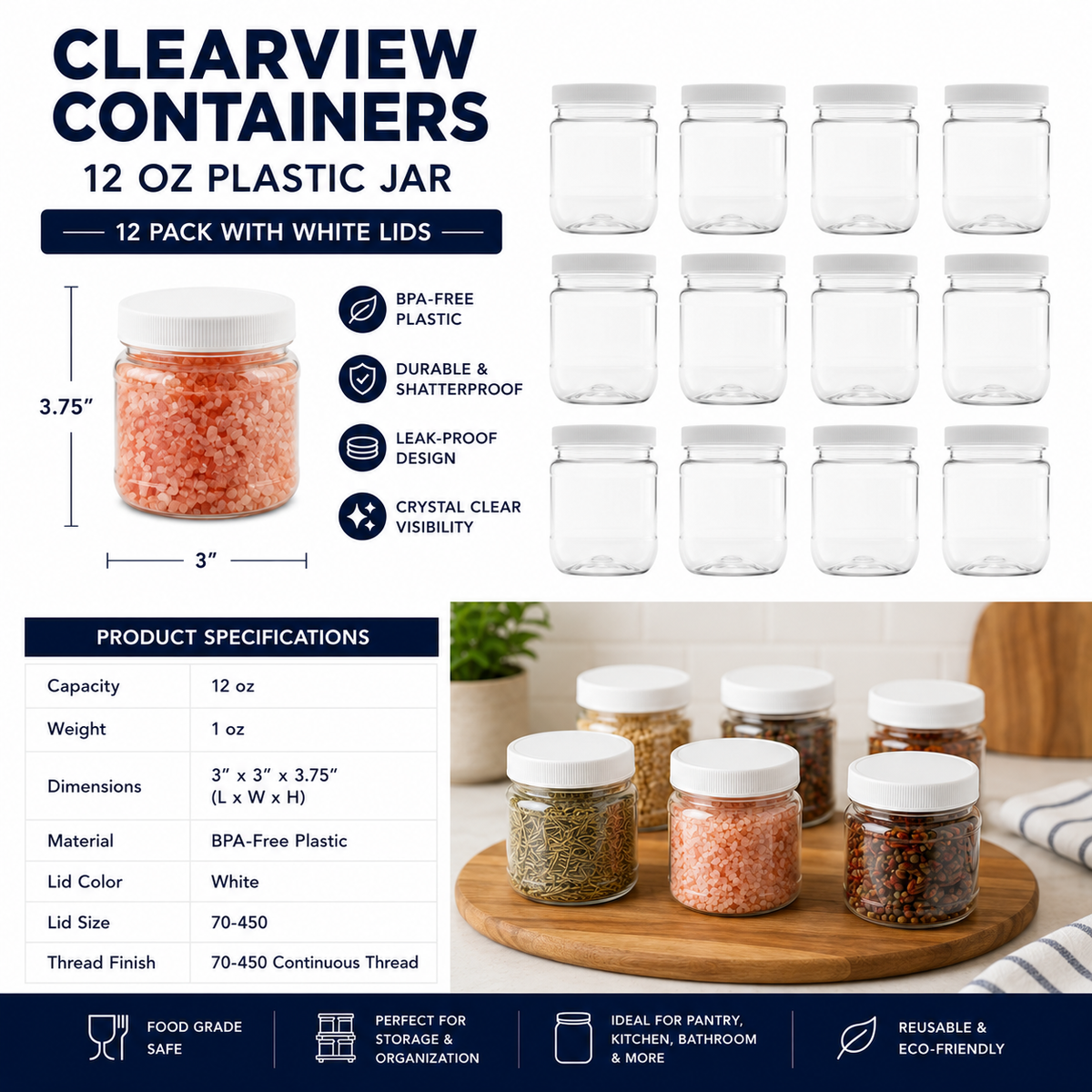 Clearview Containers: 12 Pack - 12 oz (1.5 Cup) Plastic Storage Jars with 70-450 Leak Proof White Lid, Food Grade, BPA Free, Hand Wash Only (12oz, 12pk)