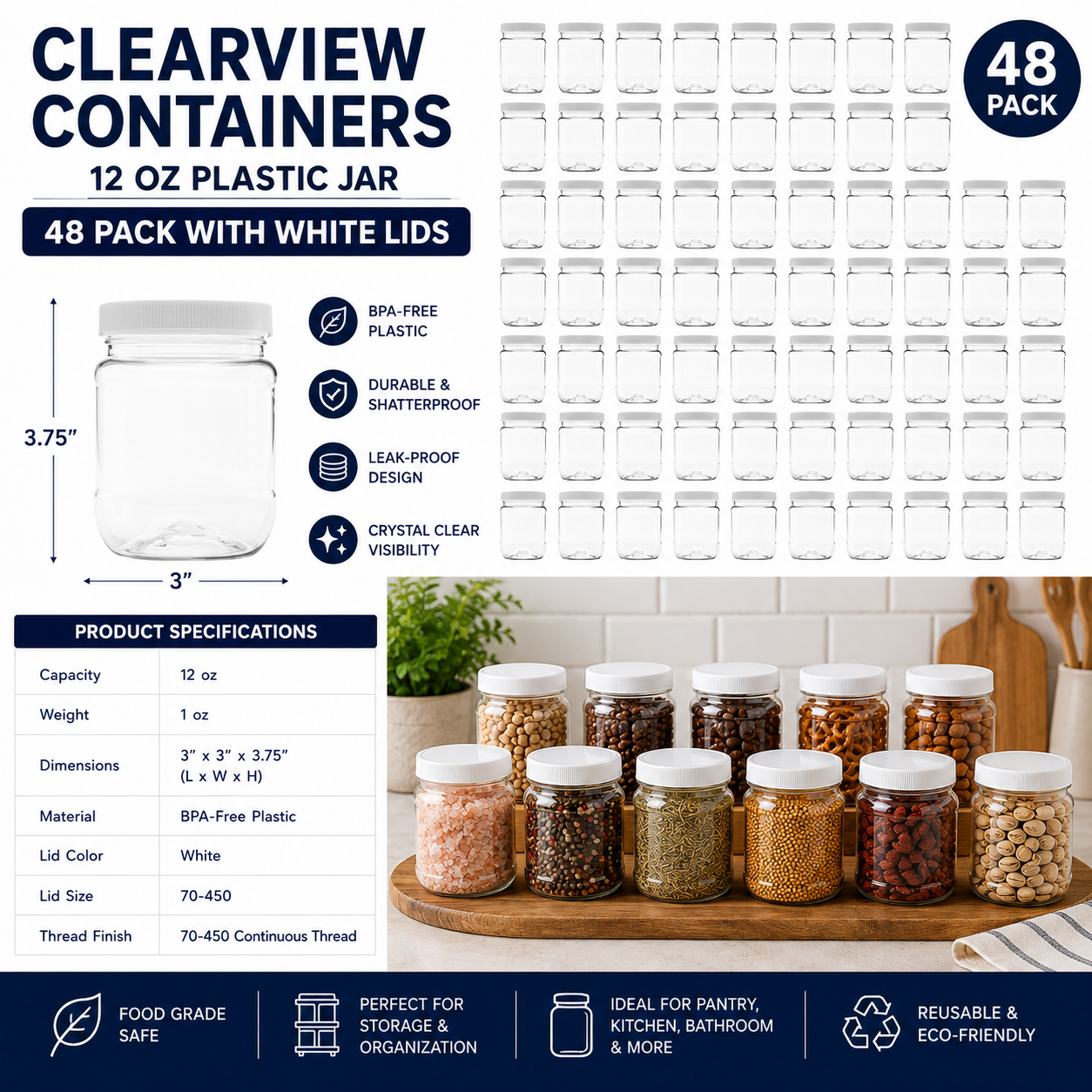 Clearview Containers: 48 Pack - 12 oz (1.5 Cup) Plastic Storage Jars with 70-450 Leak Proof White Lid, Food Grade, BPA Free, Hand Wash Only (12oz, 48pk)
