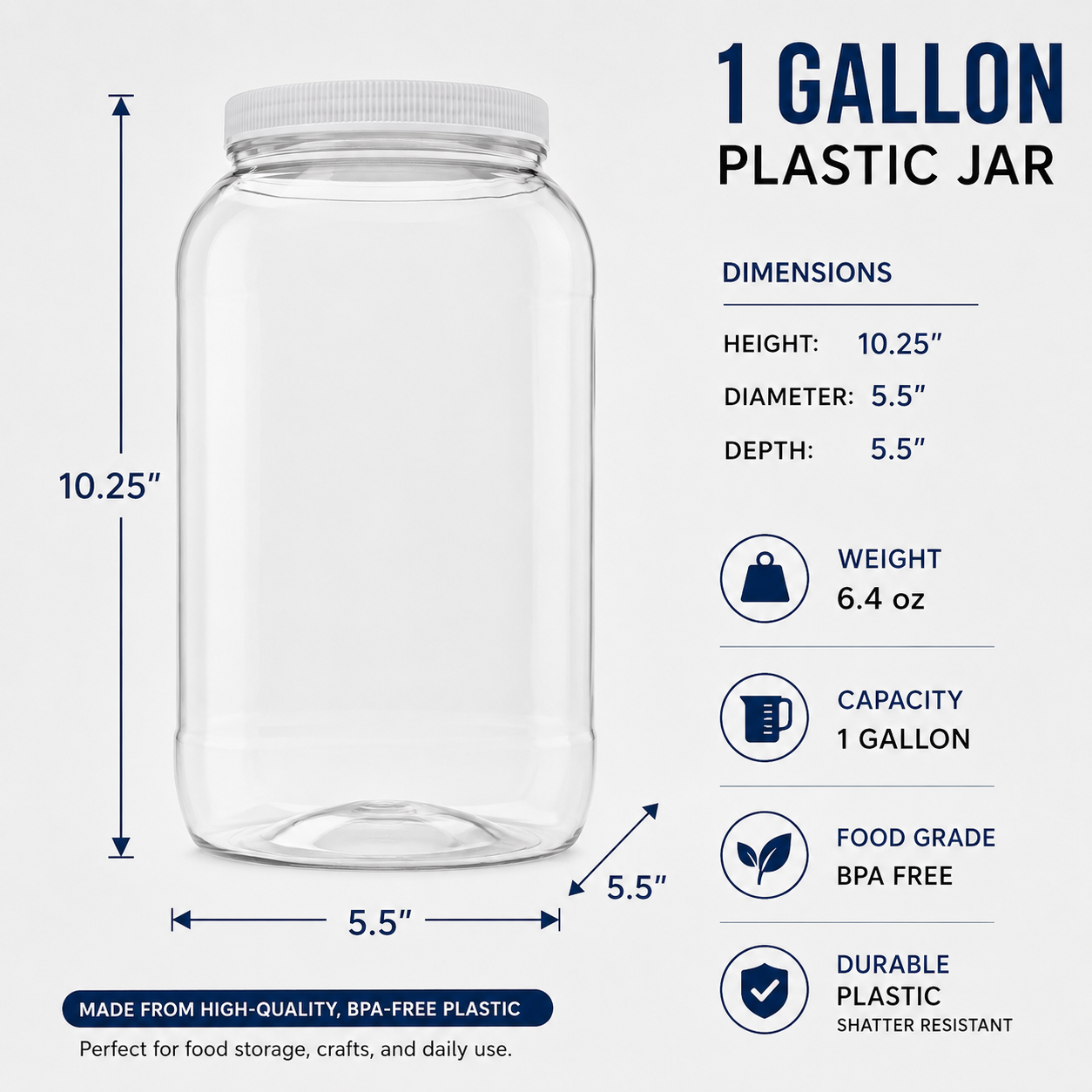 Clearview Containers - 128 Ounce Plastic Gallon Jar with 110/400 Leak Proof Seal Lid - Food Grade and BPA Free (128oz, 1pk)