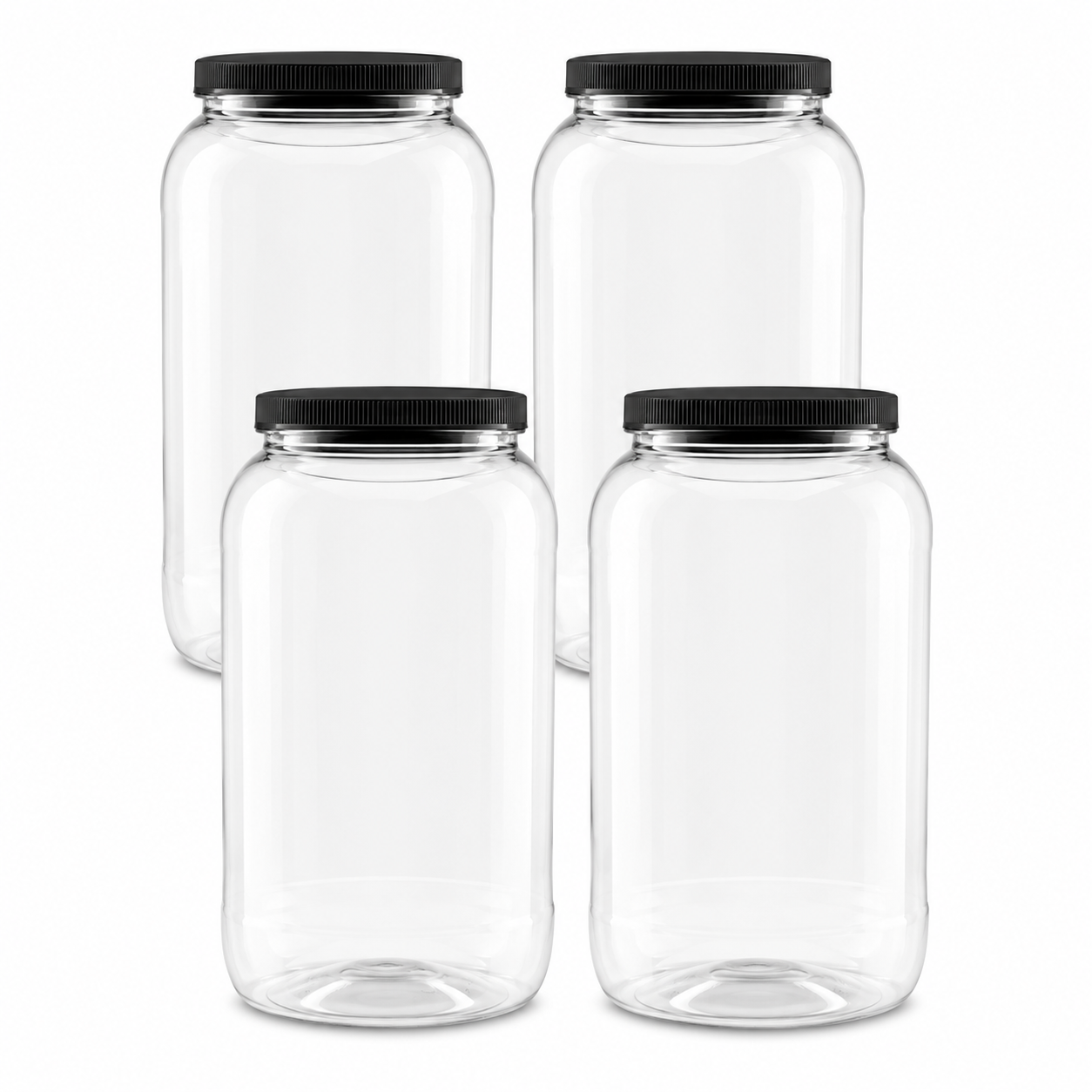 Clearview Containers: 4 Pack - 128 oz (1 Gallon) Plastic Storage Jars with 110-400 Leak Proof Black Lids, Food Grade, BPA Free, Hand Wash Only (128oz, BLK, 4PK)