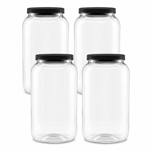 Clearview Containers: 4 Pack - 128 oz (1 Gallon) Plastic Storage Jars with 110-400 Leak Proof Black Lids, Food Grade, BPA Free, Hand Wash Only (128oz, BLK, 4PK)