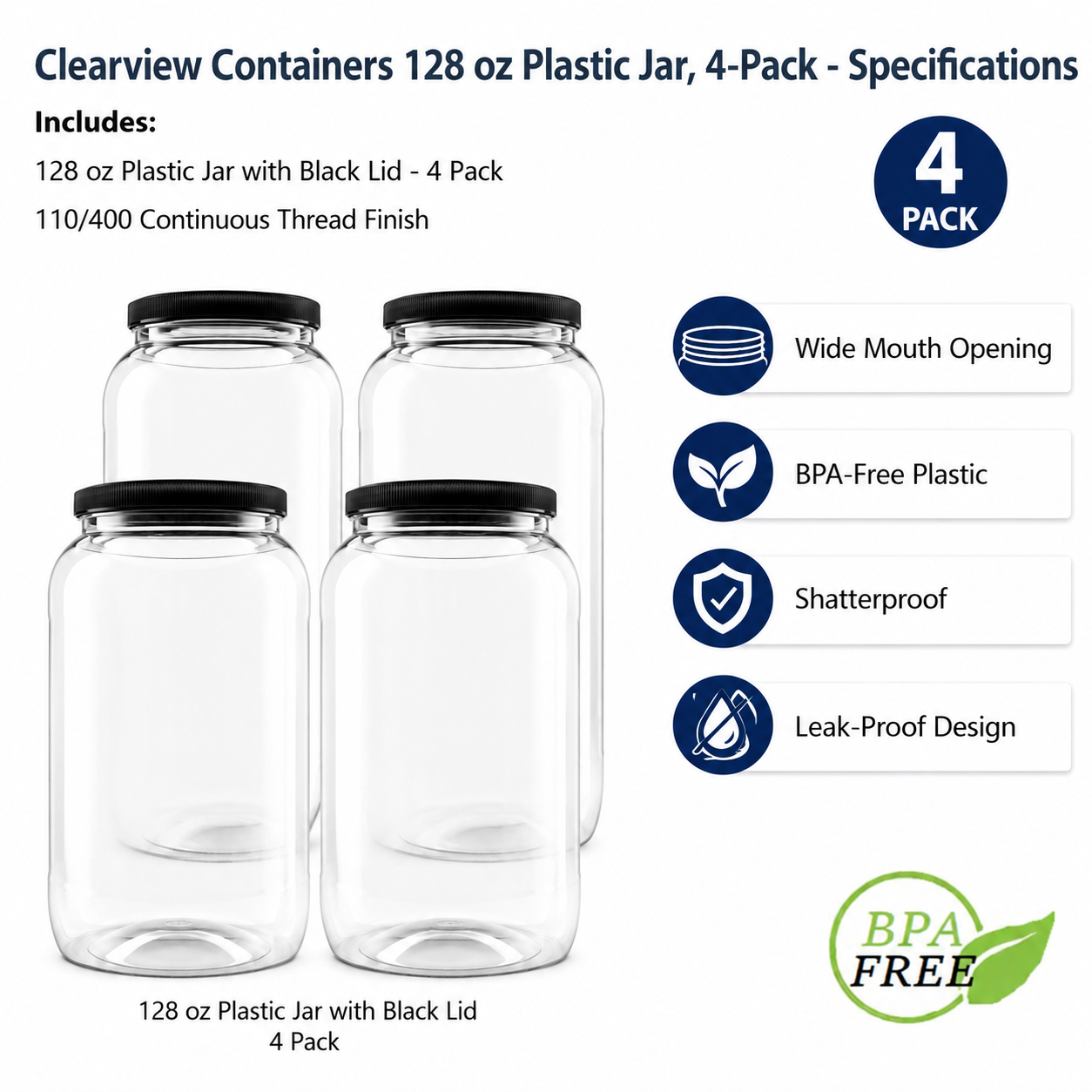 Clearview Containers: 4 Pack - 128 oz (1 Gallon) Plastic Storage Jars with 110-400 Leak Proof Black Lids, Food Grade, BPA Free, Hand Wash Only (128oz, BLK, 4PK)