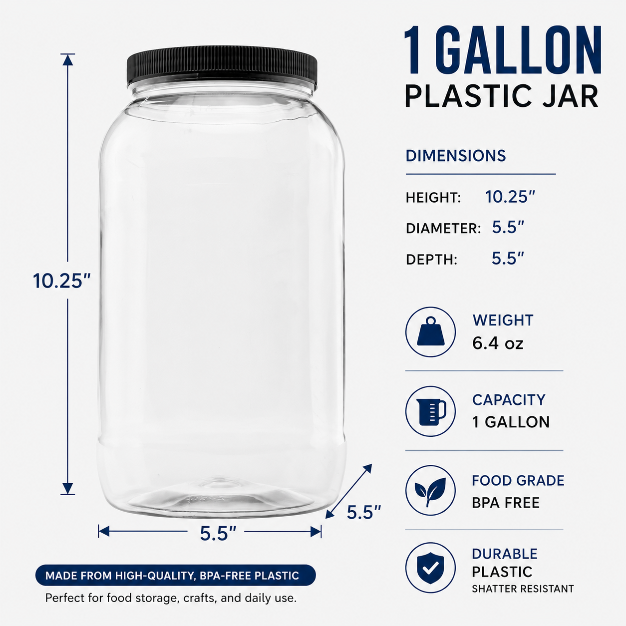 Clearview Containers - 1 Pack of 128 Ounce Plastic Gallon Jars with 110/400 Black Leak Proof Seal Lid - Food Grade and BPA Free (128oz, 1pk, BLK)