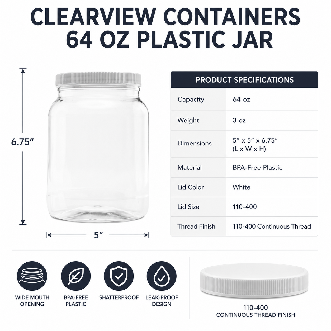 Clearview Containers - 2 Pack of 64 Ounce Plastic Half Gallon Jars with 110/400 Leak Proof Seal Lid - Food Grade and BPA Free (64oz, 2pk)