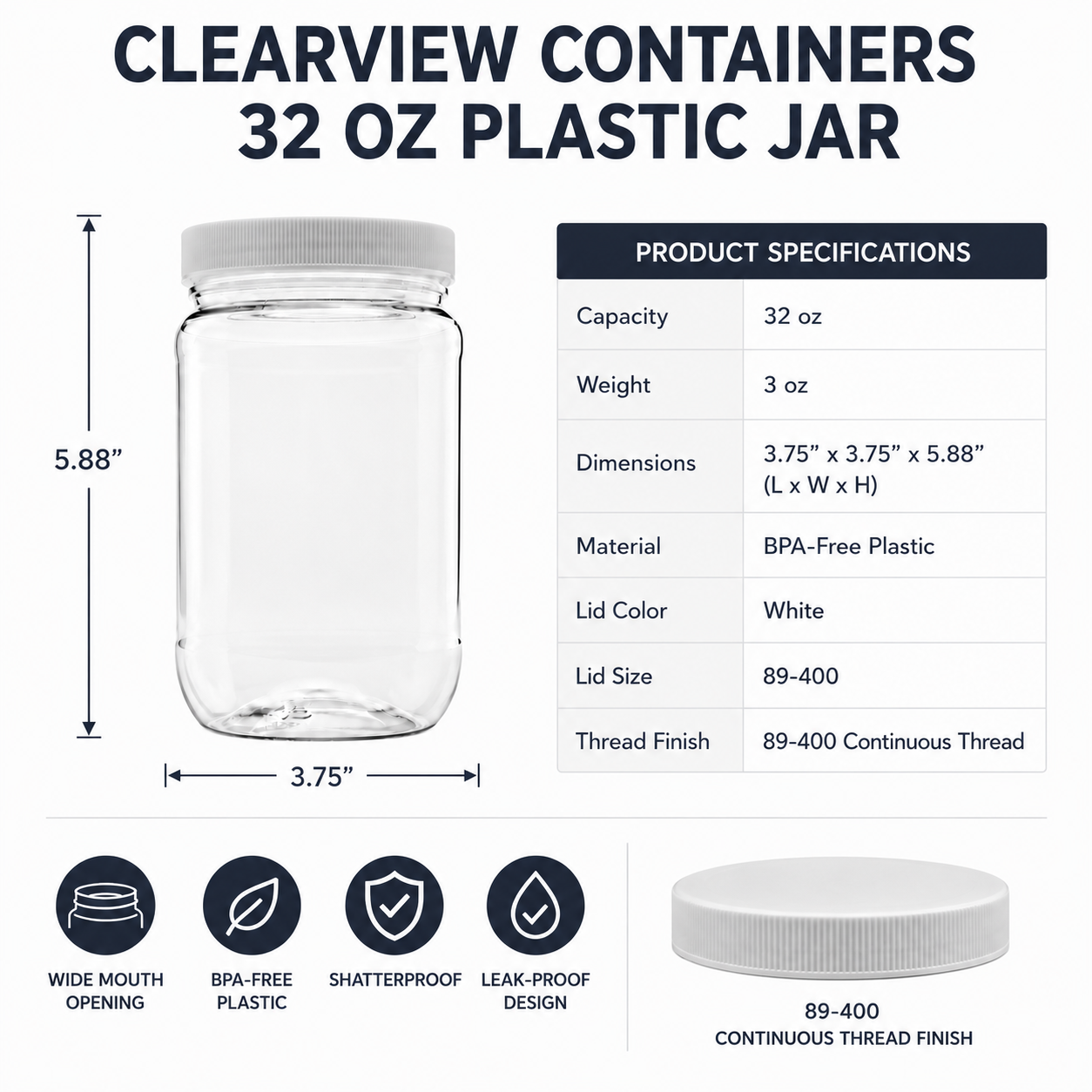 Clearview Containers: 12 Pack - 32 oz (1 Pint) Plastic Storage Jars with 89-400 Leak Proof Black Lids, Food Grade, BPA Free, Hand Wash Only (32oz, 12pk, 89RM)