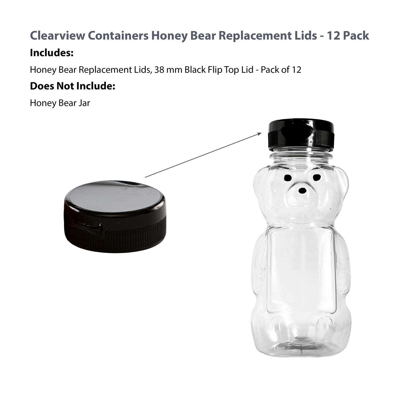 Clearview Containers - 12 Pack of Black Honey Bear Replacement Lids with Sealable Flip Top Lid (38mm Black Flip Top Lid - 12 Pack)