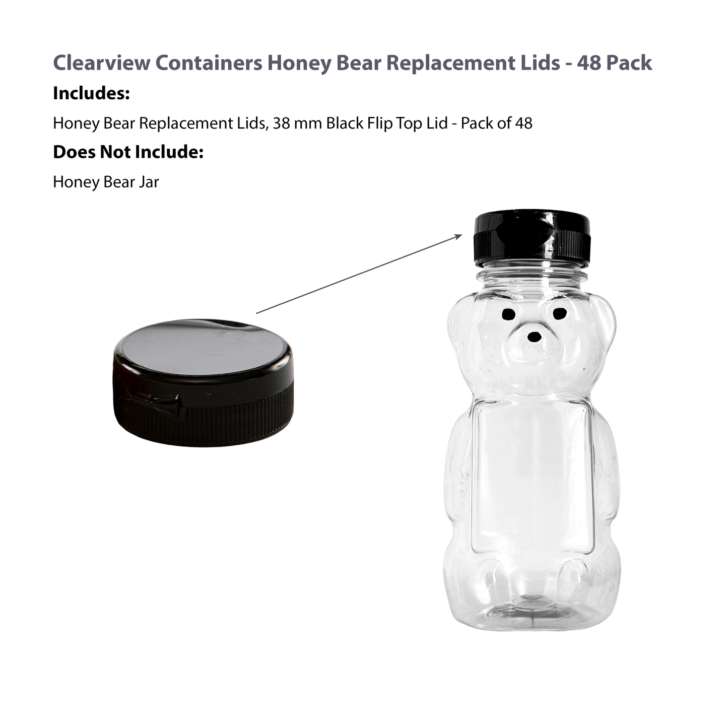 Clearview Containers - 48 Pack of Black Honey Bear Replacement Lids with Sealable Flip Top Lid (38mm Black Flip Top Lid - 48 Pack)