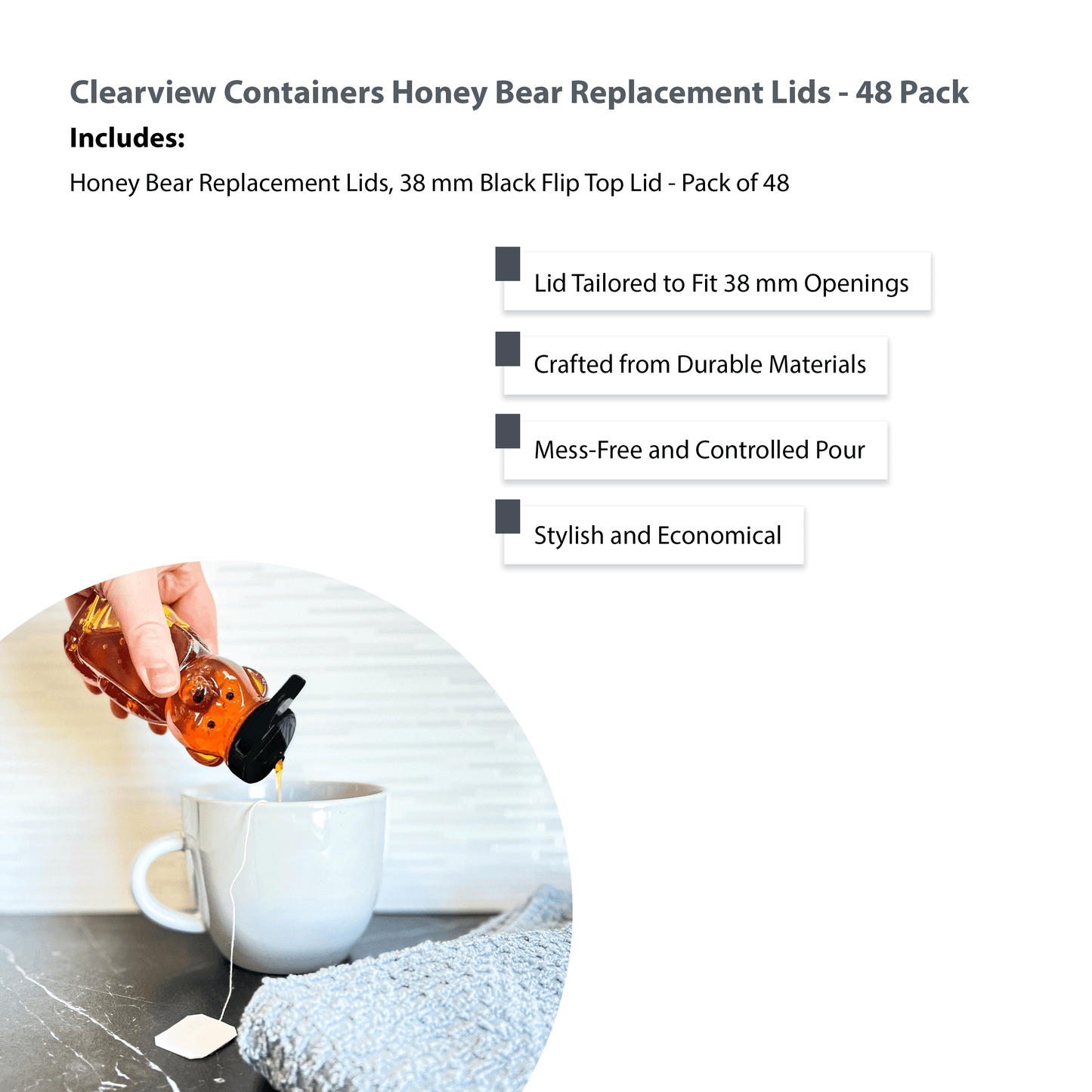 Clearview Containers - 48 Pack of Black Honey Bear Replacement Lids with Sealable Flip Top Lid (38mm Black Flip Top Lid - 48 Pack)