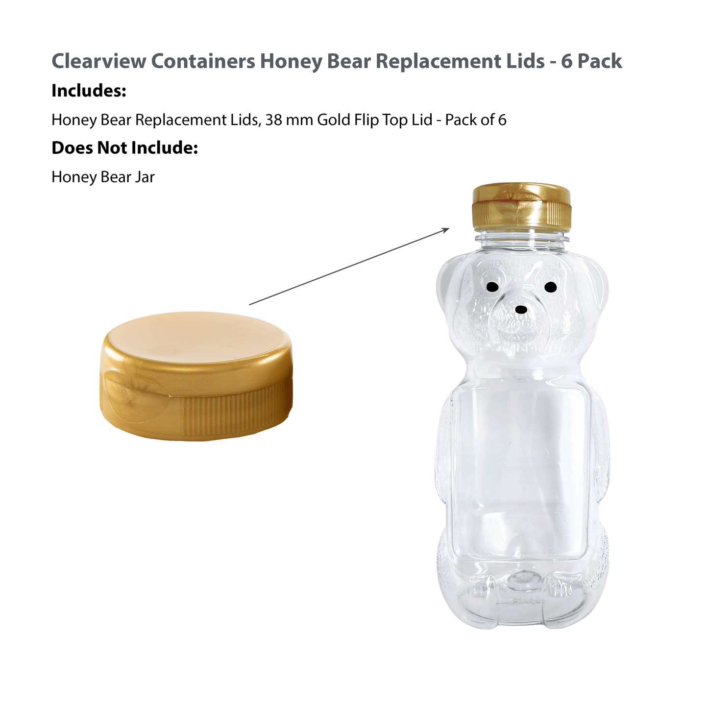 Clearview Containers - 6 Pack of Gold Honey Bear Replacement Lids with Sealable Flip Top Lid (38mm Gold Flip Top Lid - 6 Pack)