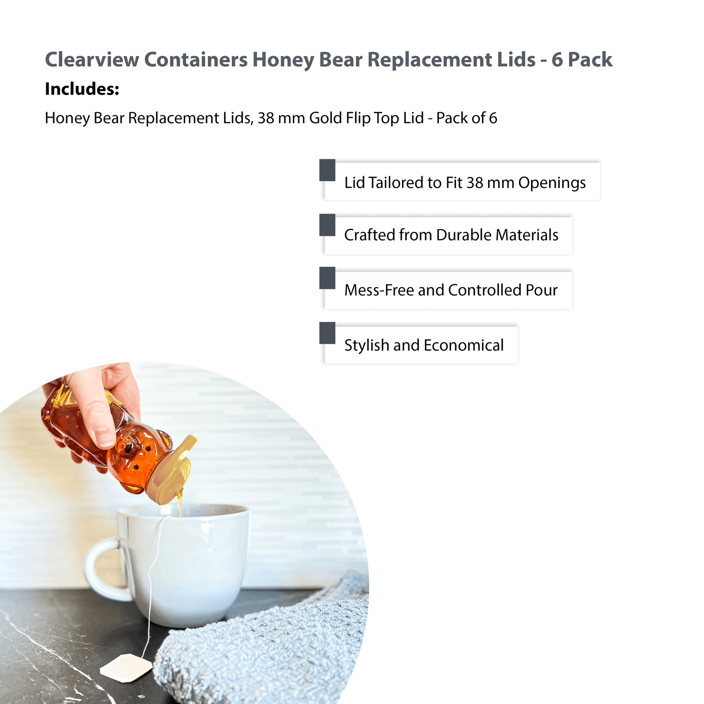 Clearview Containers - 6 Pack of Gold Honey Bear Replacement Lids with Sealable Flip Top Lid (38mm Gold Flip Top Lid - 6 Pack)
