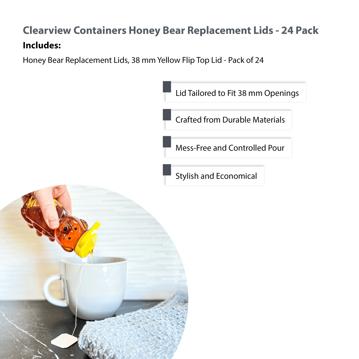 Clearview Containers - 24 Pack of Yellow Honey Bear Replacement Lids with Sealable Flip Top Lid (38mm Yellow Flip Top Lid - 24 Pack)