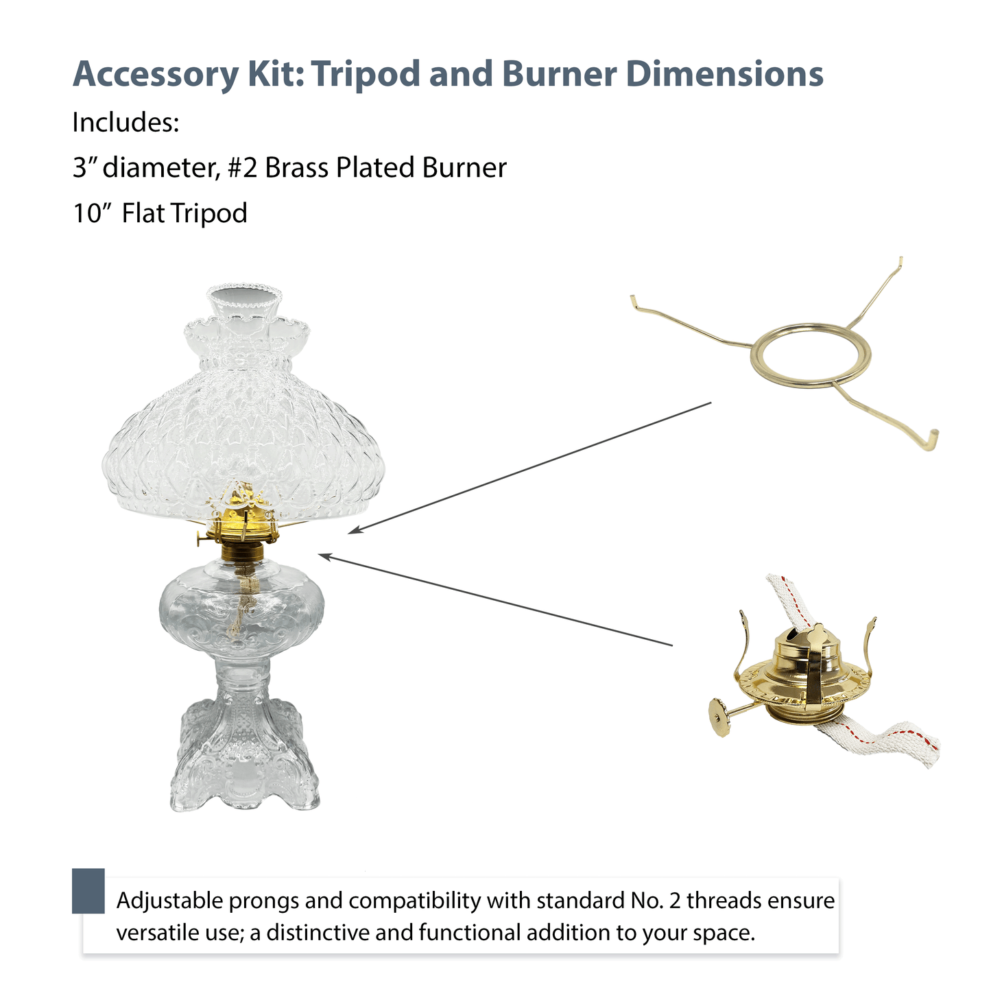 Light Of Mine | 10" Brass Plated Tripod for Lamp Shade | Compatible with 3" #2 Burner | Antique Oil Lamp Replacement Parts | Hurricane Oil Lamp Parts | (10" with #2 Brass Plated Burner Included)