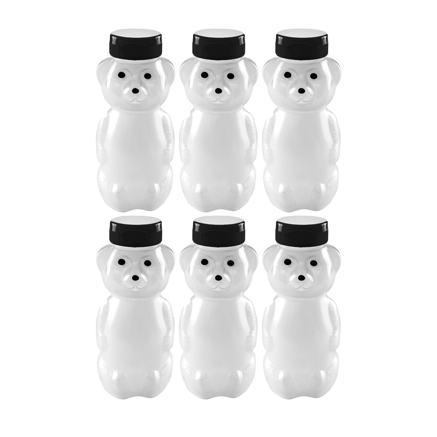 Clearview Containers - 6 Pack of 12 Ounce Cloudy Honey Bears with Sealable Black Flip Top Lids (12 oz. Cloudy Bear, 6pk, Black)