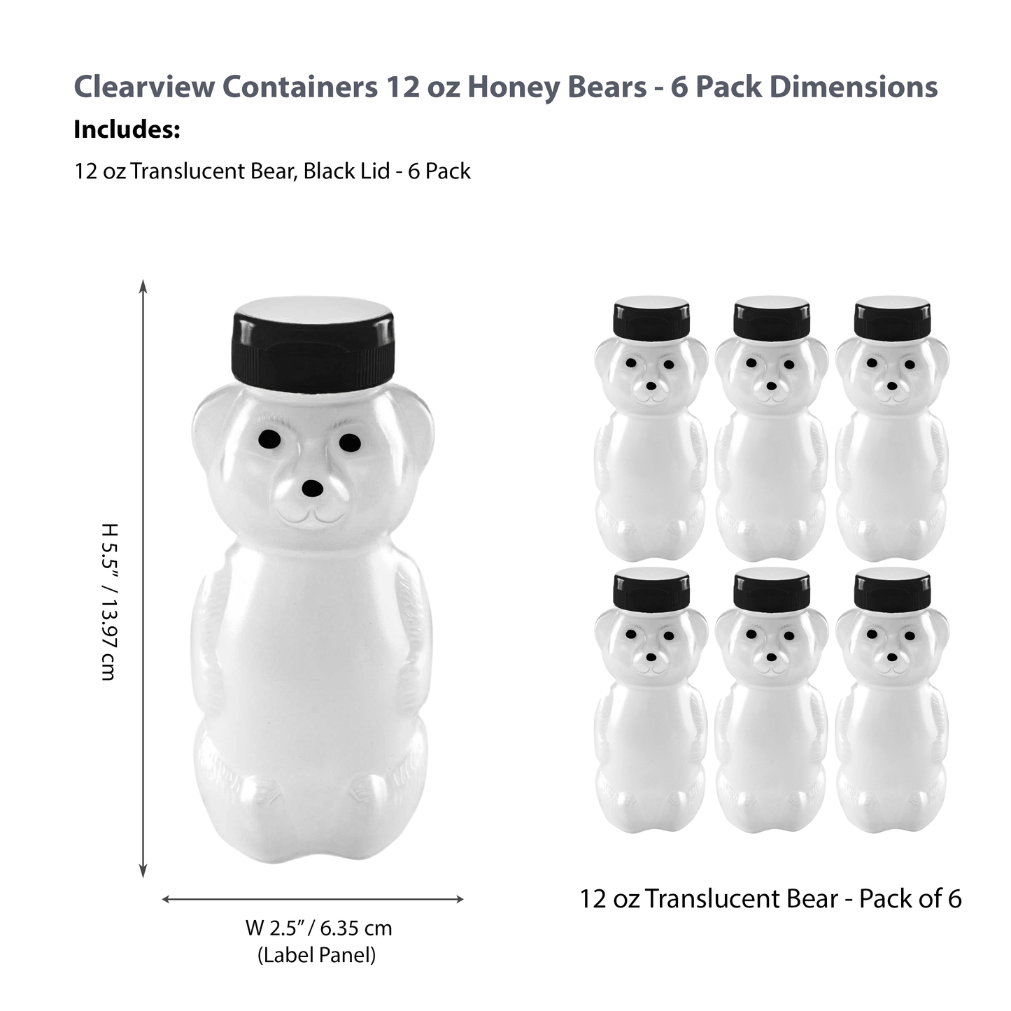 Clearview Containers - 6 Pack of 12 Ounce Cloudy Honey Bears with Sealable Black Flip Top Lids (12 oz. Cloudy Bear, 6pk, Black)