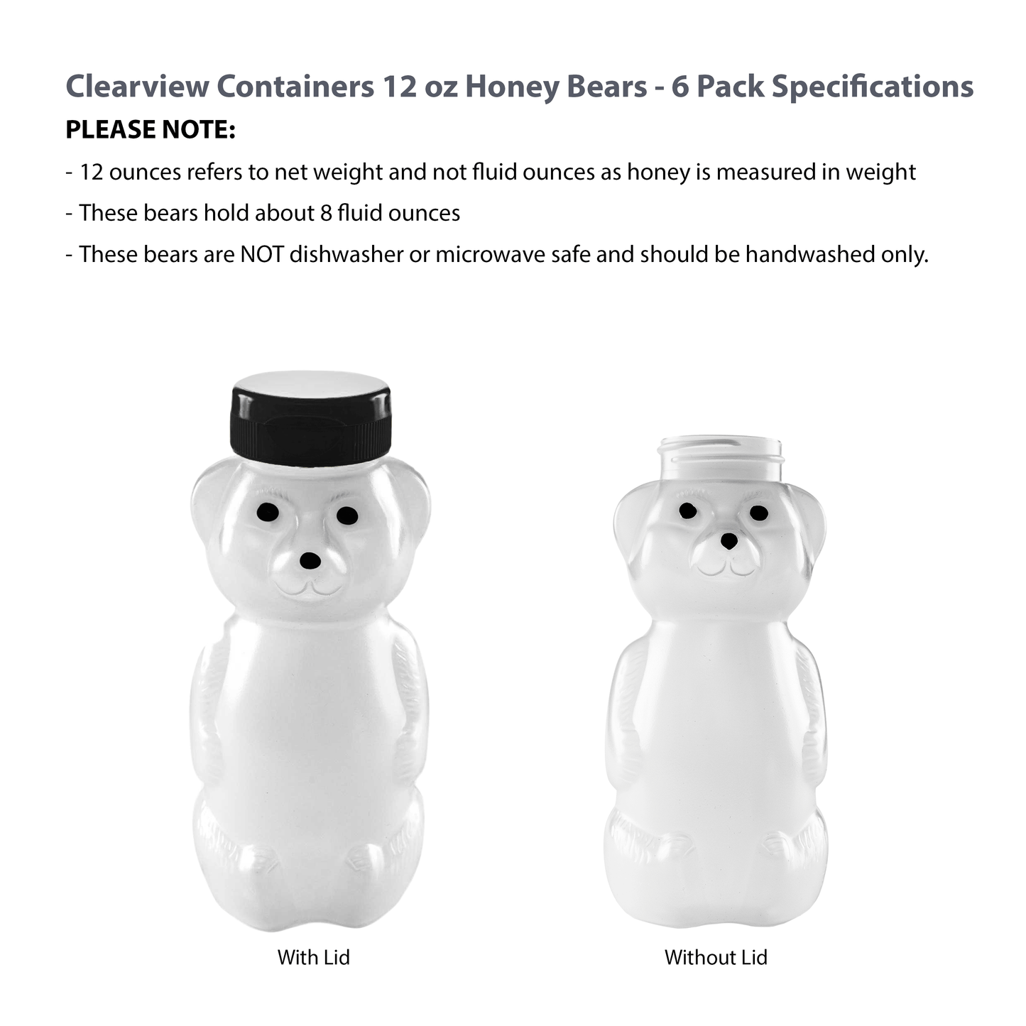 Clearview Containers - 6 Pack of 12 Ounce Cloudy Honey Bears with Sealable Black Flip Top Lids (12 oz. Cloudy Bear, 6pk, Black)