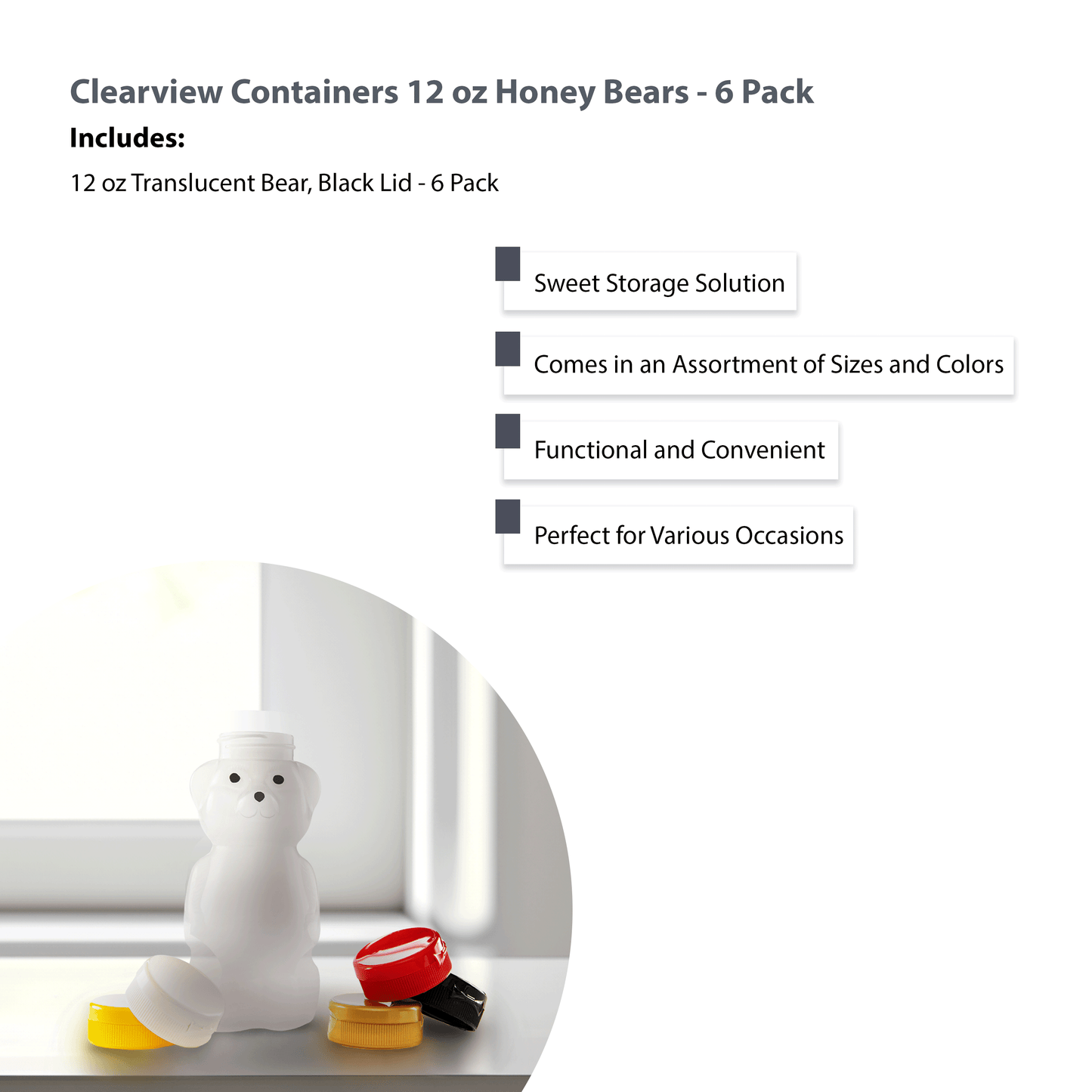 Clearview Containers - 6 Pack of 12 Ounce Cloudy Honey Bears with Sealable Black Flip Top Lids (12 oz. Cloudy Bear, 6pk, Black)