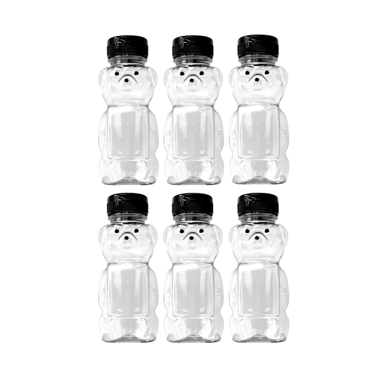 Clearview Containers - 6 Pack of 12 Ounce Clear Honey Bears with Sealable Black Flip Top Lids (12 oz. Clear Bear, 6pk, Black)