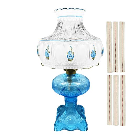 Light of Mine - Princess Feather Light Blue Oil Lamp Assembly with 10" Blue Floral Shade and 100% Cotton Replacement 3/4" Wick Strips