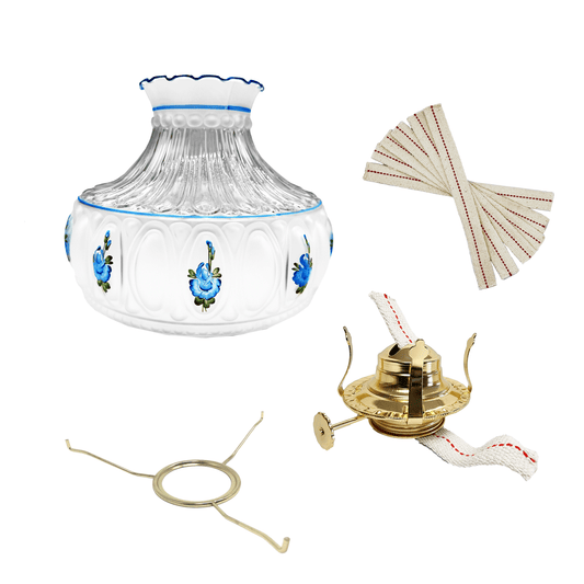 Light of Mine - Princess Feather Oil Lamp Replacement Kit Including 10" Flat Tripod, 10" Blue Floral Shade, No. 2 Brass Plated Burner, and 100% Cotton 3/4" Replacement Wick Strips