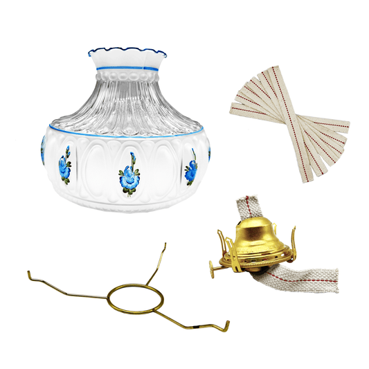 Light of Mine - Princess Feather Oil Lamp Replacement Kit Including 10" Round Tripod, 10" Blue Floral Shade, Solid Brass Queen Anne Burner, and 100% Cotton 3/4" Wick Strips