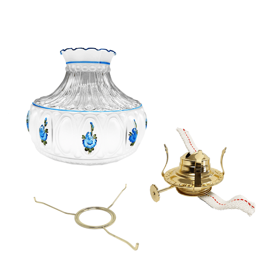 Light of Mine - Princess Feather Oil Lamp Replacement Kit Including 10" Flat Tripod, 10" Blue Floral Shade, and No. 2 Brass Plated Burner