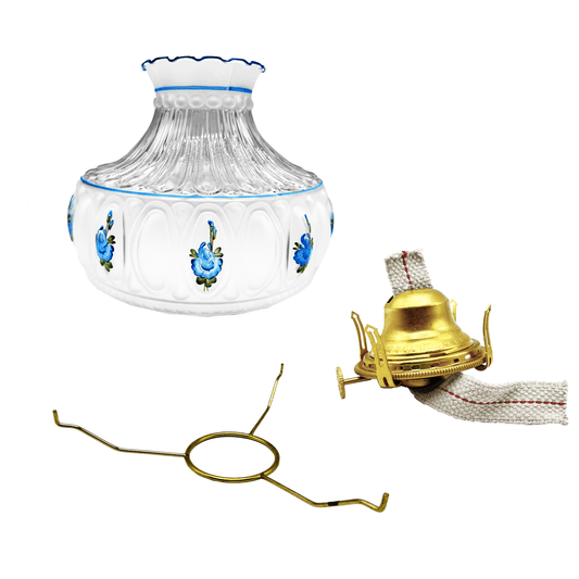 Light of Mine - Princess Feather Oil Lamp Replacement Kit Including 10" Round Tripod, 10" Blue Floral Shade, and a Solid Brass Queen Anne Burner