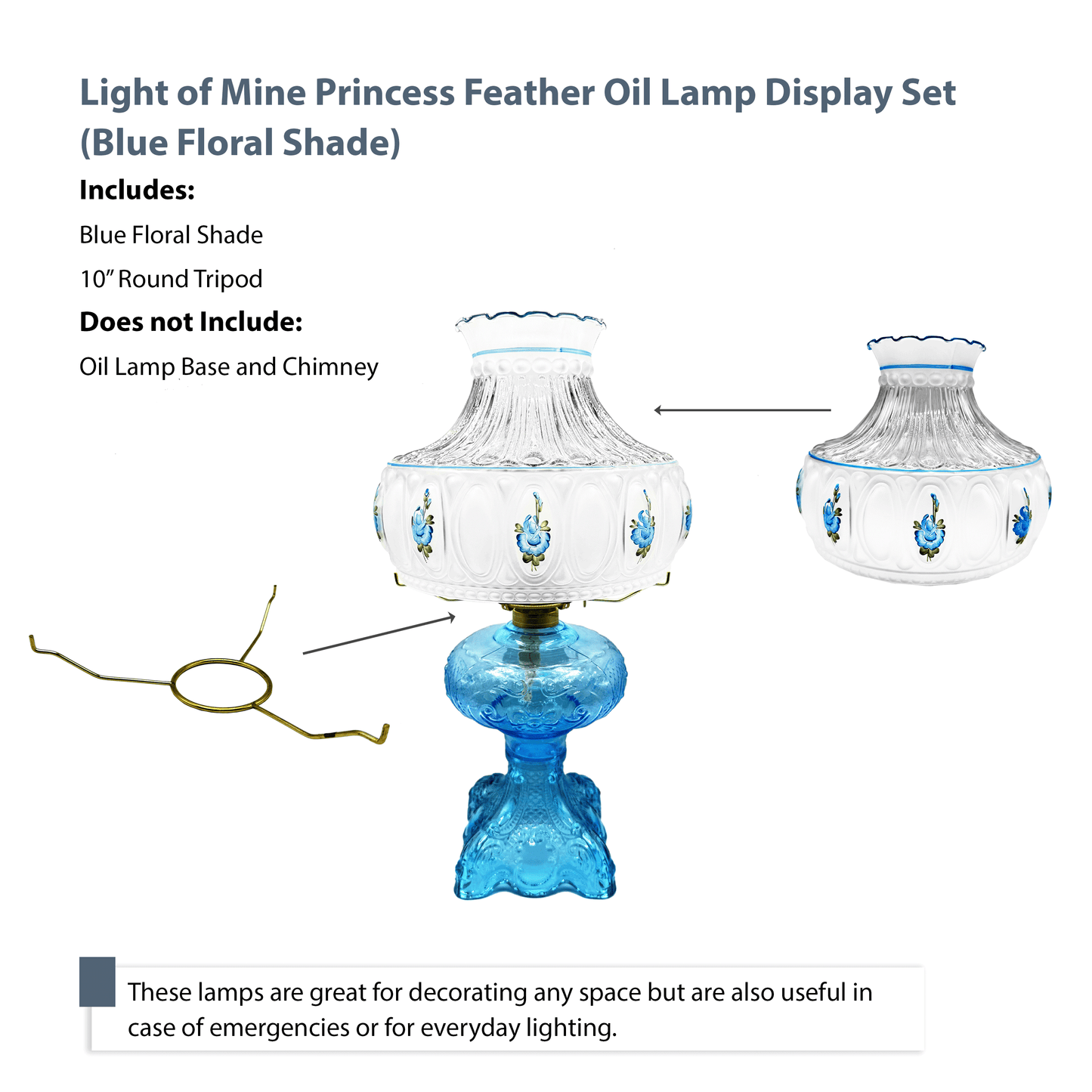 Light Of Mine | Glass Lamp Shade for Hurricane Lamp | Floral 10" Lamp Shade | Antique Style | Beautiful Glass Lamp Shade Replacement for Oil Lamp | Oil Lamp Parts (Blue Floral with Tripod)