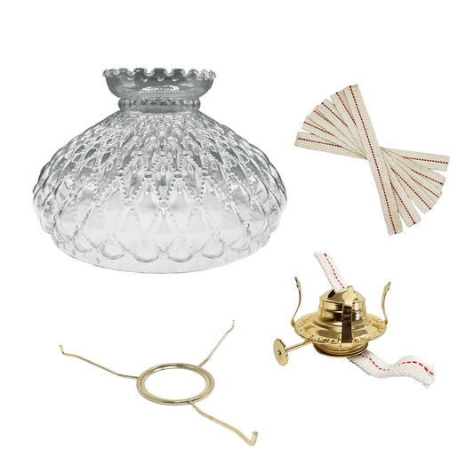 Light of Mine - Princess Feather Oil Lamp Replacement Kit Including 10" Flat Tripod, 10" Clear Quilted Shade, No. 2 Brass Plated Burner, and 100% Cotton 3/4" Replacement Wick Strips