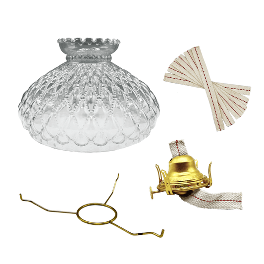 Light of Mine - Princess Feather Oil Lamp Replacement Kit Including 10" Clear Quilted Shade, Queen Anne Burner, 10" Round Tripod, and Replacement 3/4" Wick Strips