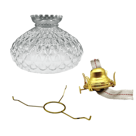 Light of Mine - Princess Feather Oil Lamp Replacement Kit Including 10" Clear Quilted Shade, Queen Anne Solid Brass Burner, and 10" Round Tripod
