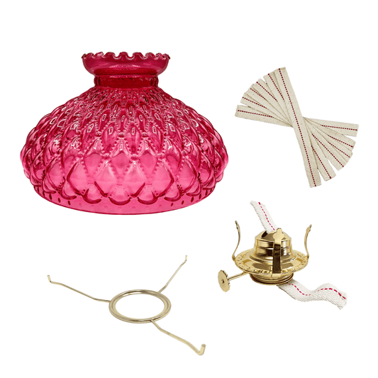 Light of Mine 10" Tripod with Princess Feather Shade and Burner (10" Flat Tripod with Cranberry Quilted Shade, #2 Brass Plated Burner, and 3/4" Wick Strips)