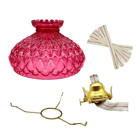 Light of Mine - Princess Feather Oil Lamp Replacement Kit Including 10" Cranberry Quilted Shade, Queen Anne Burner, 10" Round Tripod, and Replacement 100% Cotton 3/4" Wick Strips