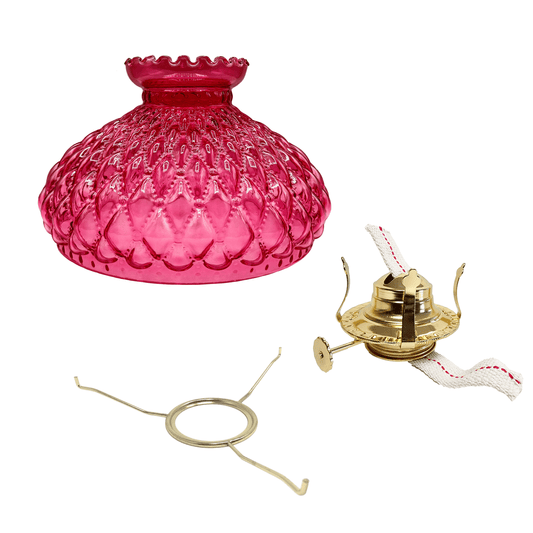 Light of Mine - Princess Feather Oil Lamp Replacement Kit Including 10" Flat Tripod, 10" Quilted Cranberry Shade, and No. 2 Brass Plated Burner
