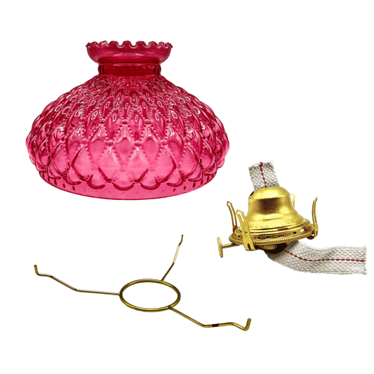 Light of Mine - Princess Feather Oil Lamp Replacement Kit Including 10" Cranberry Quilted Shade, Queen Anne Solid Brass Burner, and 10" Round Tripod