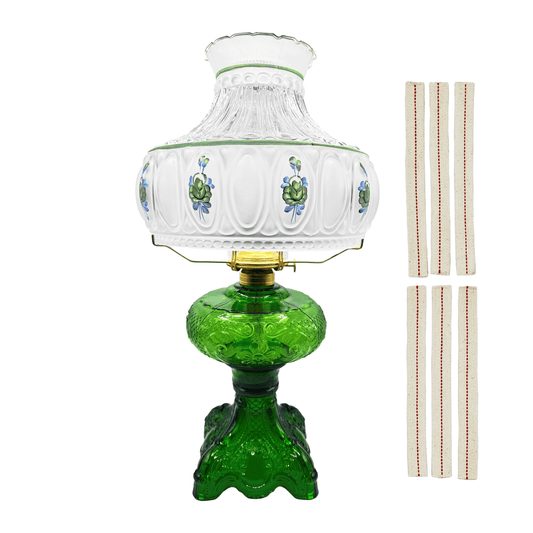 Light of Mine - Princess Feather Dark Green Oil Lamp Assembly with 10" Green Floral Shade and 100% Cotton Replacement 3/4" Wick Strips