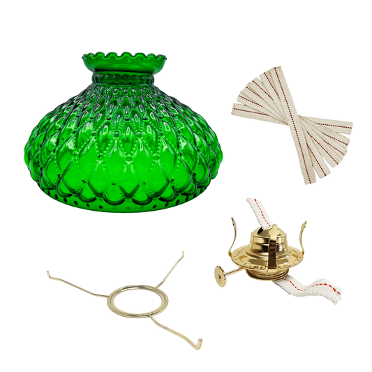 Light of Mine - Princess Feather Oil Lamp Replacement Kit Including, 10" Flat Tripod, 10" Dark Green Quilted Shade, No. 2 Brass Plated Burner, and 100% Cotton 3/4" Replacement Wick Strips