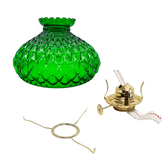 Light of Mine - Princess Feather Oil Lamp Replacement Kit Including 10" Dark Green Quilted Shade, #2 Brass Plated Burner, and 10" Flat Tripod