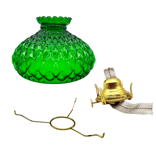 Light of Mine - Princess Feather Oil Lamp Replacement Kit Including 10" Dark Green Quilted Shade, Queen Anne Solid Brass Burner, and 10" Round Tripod