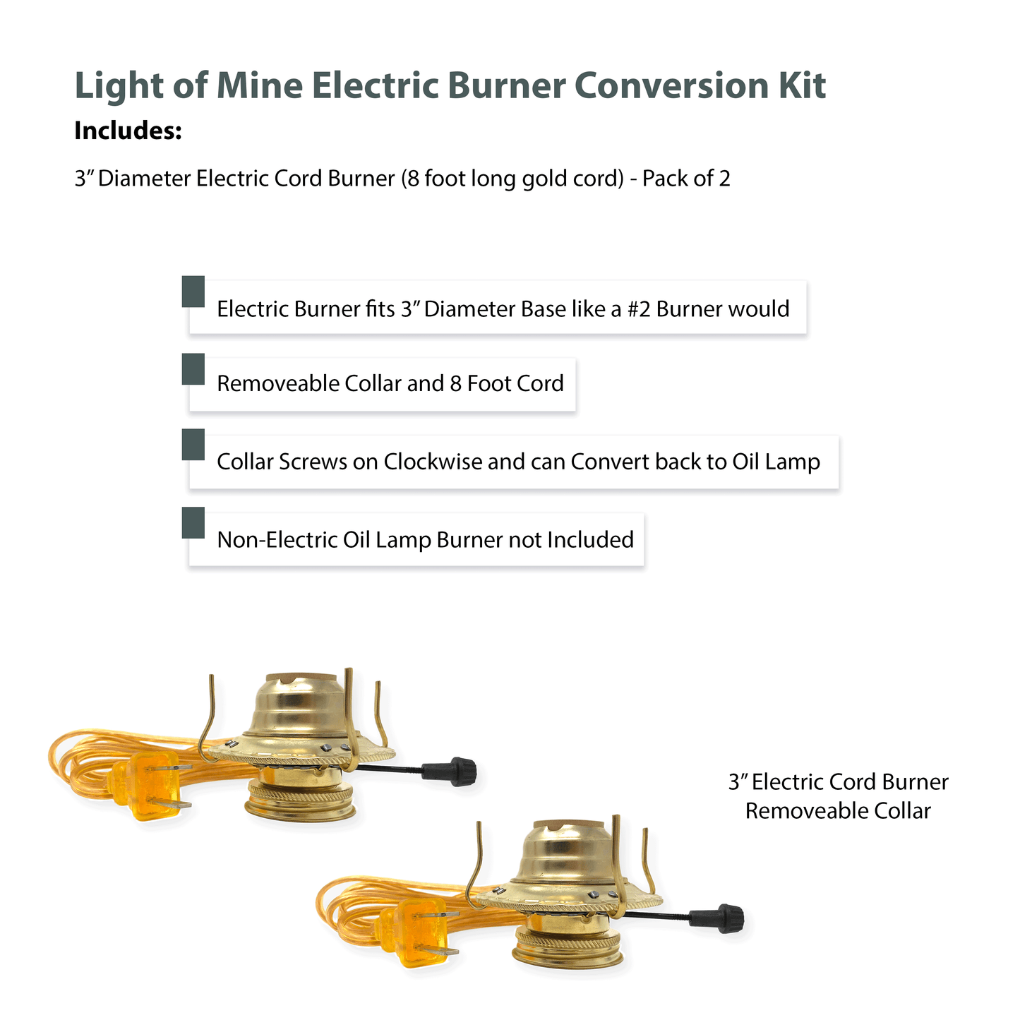 Light of Mine - #2 Brass Plated Burner Electric Conversion Kit with Gold Cord for Oil Lamps - 2 Pack