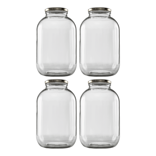 Clearview Containers - 1 Gallon Glass Wide Mouth Jar with Gold Cap Metal Lug Lid (128oz, 4 Pack)