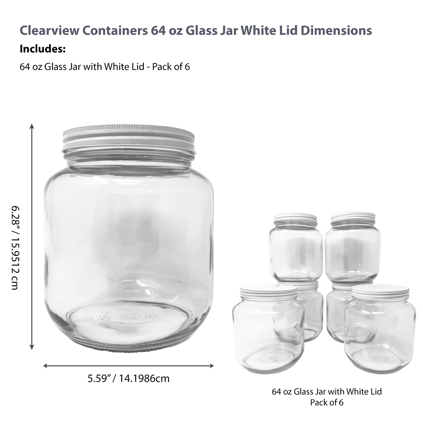 CLEARVIEW CONTAINERS: 6 Pack 64 oz Glass Half Gallon Jars with White Metal Lids, Large Clear Round Storage Containers for Pantry Organization, Dry Food, Crafts & Kitchen Storage