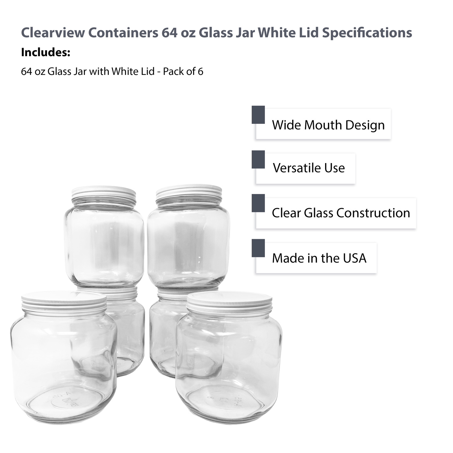 CLEARVIEW CONTAINERS: 6 Pack 64 oz Glass Half Gallon Jars with White Metal Lids, Large Clear Round Storage Containers for Pantry Organization, Dry Food, Crafts & Kitchen Storage