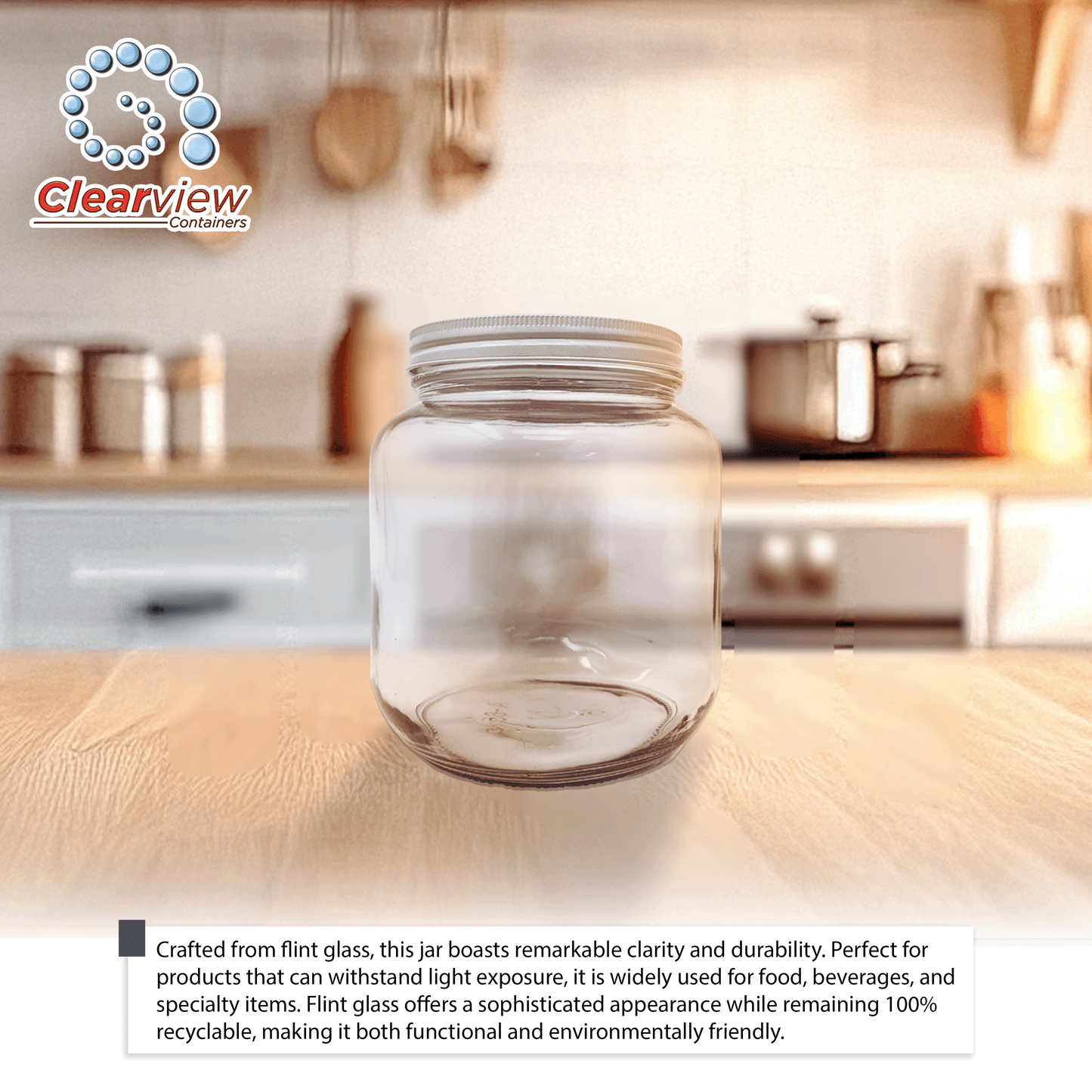 CLEARVIEW CONTAINERS: 6 Pack 64 oz Glass Half Gallon Jars with White Metal Lids, Large Clear Round Storage Containers for Pantry Organization, Dry Food, Crafts & Kitchen Storage