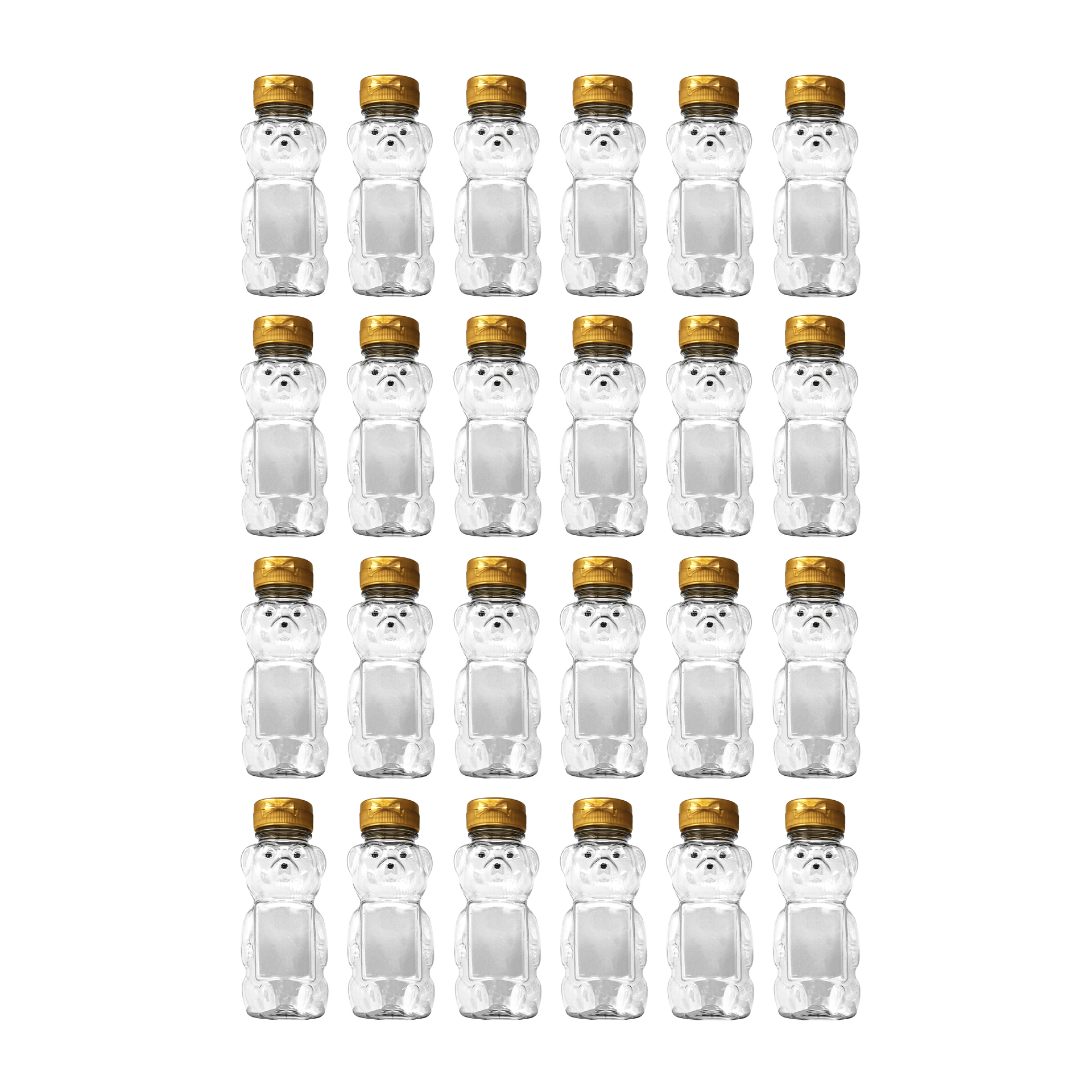 Clearview Containers - 24 Pack of 12 Ounce Clear Honey Bears with Sealable Gold Flip Top Lids (12 oz. Clear Bear, 24pk, Gold)