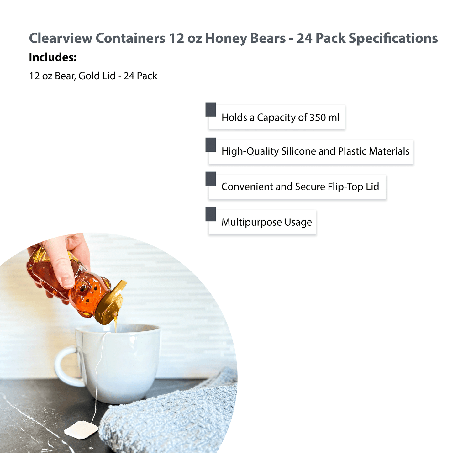 Clearview Containers - 24 Pack of 12 Ounce Clear Honey Bears with Sealable Gold Flip Top Lids (12 oz. Clear Bear, 24pk, Gold)